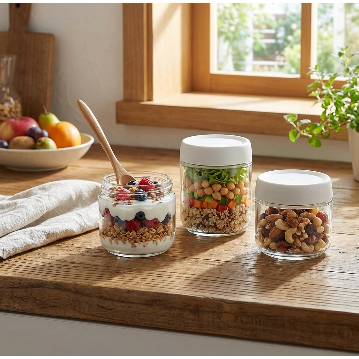 3Pack Overnight Oats Containers With Lids,10Oz Glass Jar With Scew Lid,Salad Dressing Fruit Veggies Sauce Snacks Meal Prep Food Containers,Spice Jars,Wide Mouth Storage Containers