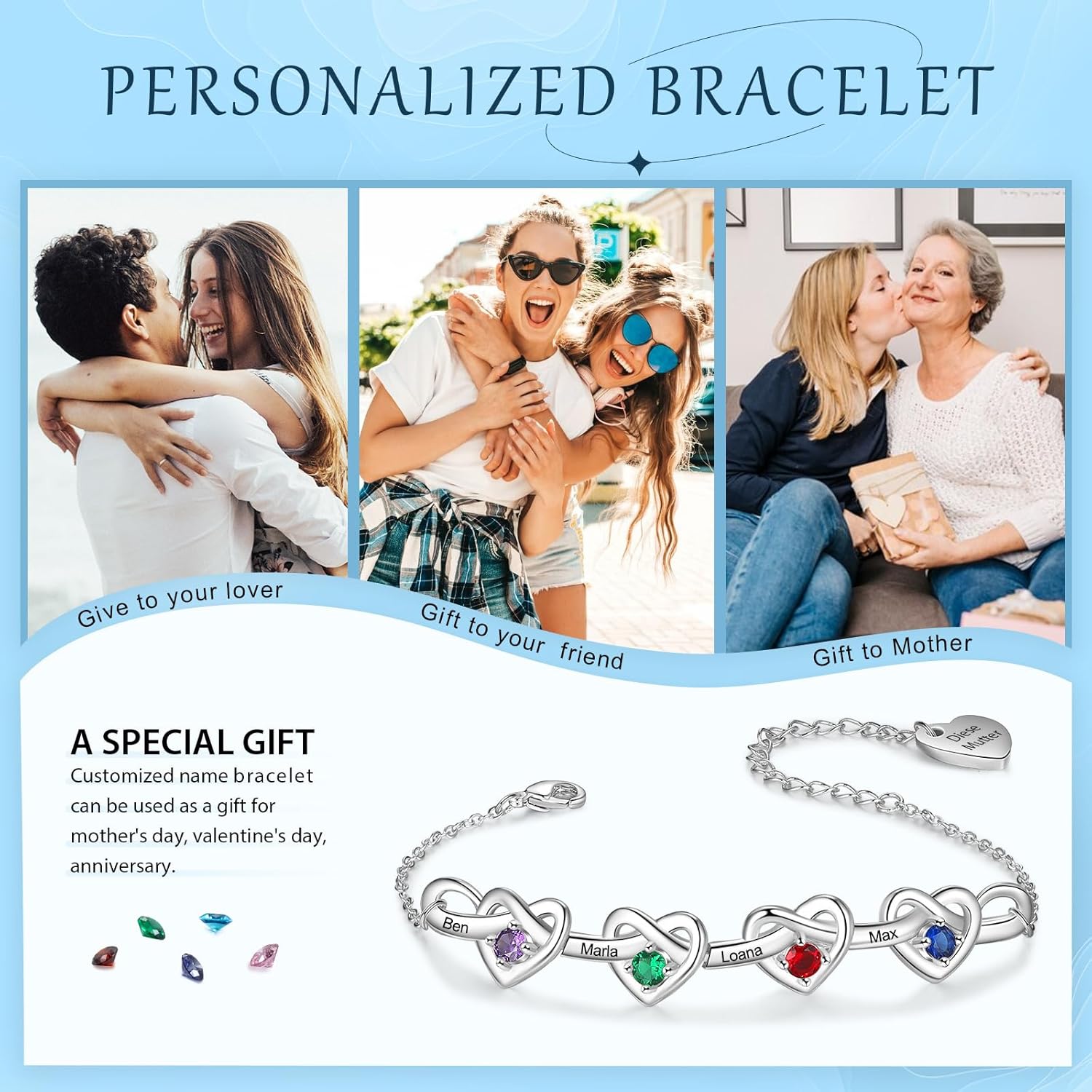 Personalized Infinity Heart Bracelet for Wowen with Birthstones, 18K Gold Names Bracelets, Gift for Women Girls, Mother’s Day, Birthday, Custom Engraved Family Jewelry for Mom, Wife, Grandma