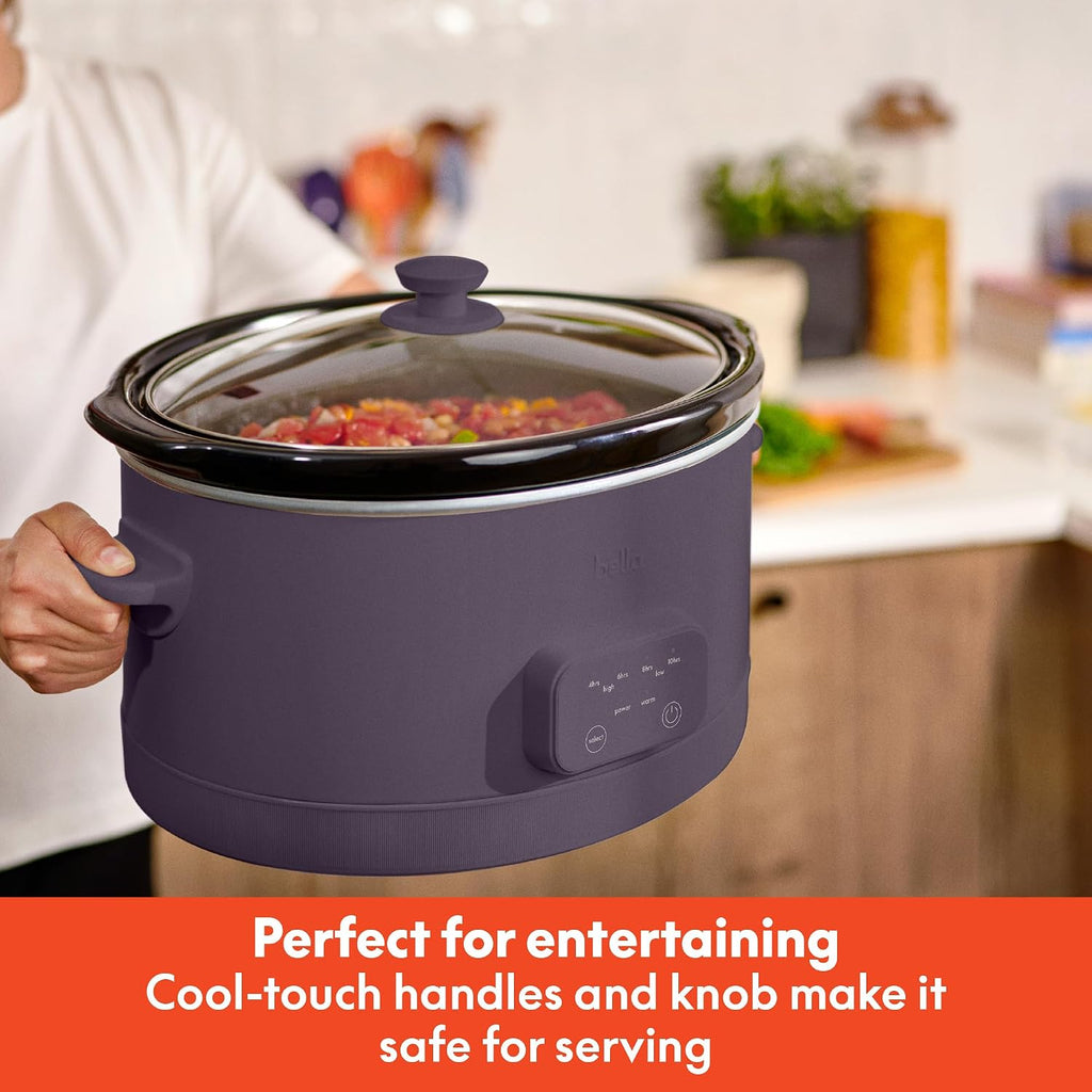 Bella 6.0 Qt Programmable Slow Cooker, Ceramic Nonstick Coating, Adjustable Temperature & Cooking Times, Dishwasher Safe Stoneware Pot & Tempered Glass Lid, Tangle Free Cord Wrap, Plum