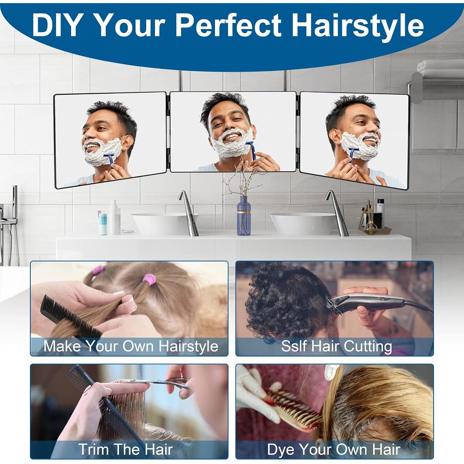 Lmznxcz 3 Way Mirror For Self Hair Cutting,360 Haircuts Men For Barber Use Tools,To See Back Of Head,Tri Fold Mirror With Portable Height Adjustable Telescoping Hooks (6.7" X 10.8")