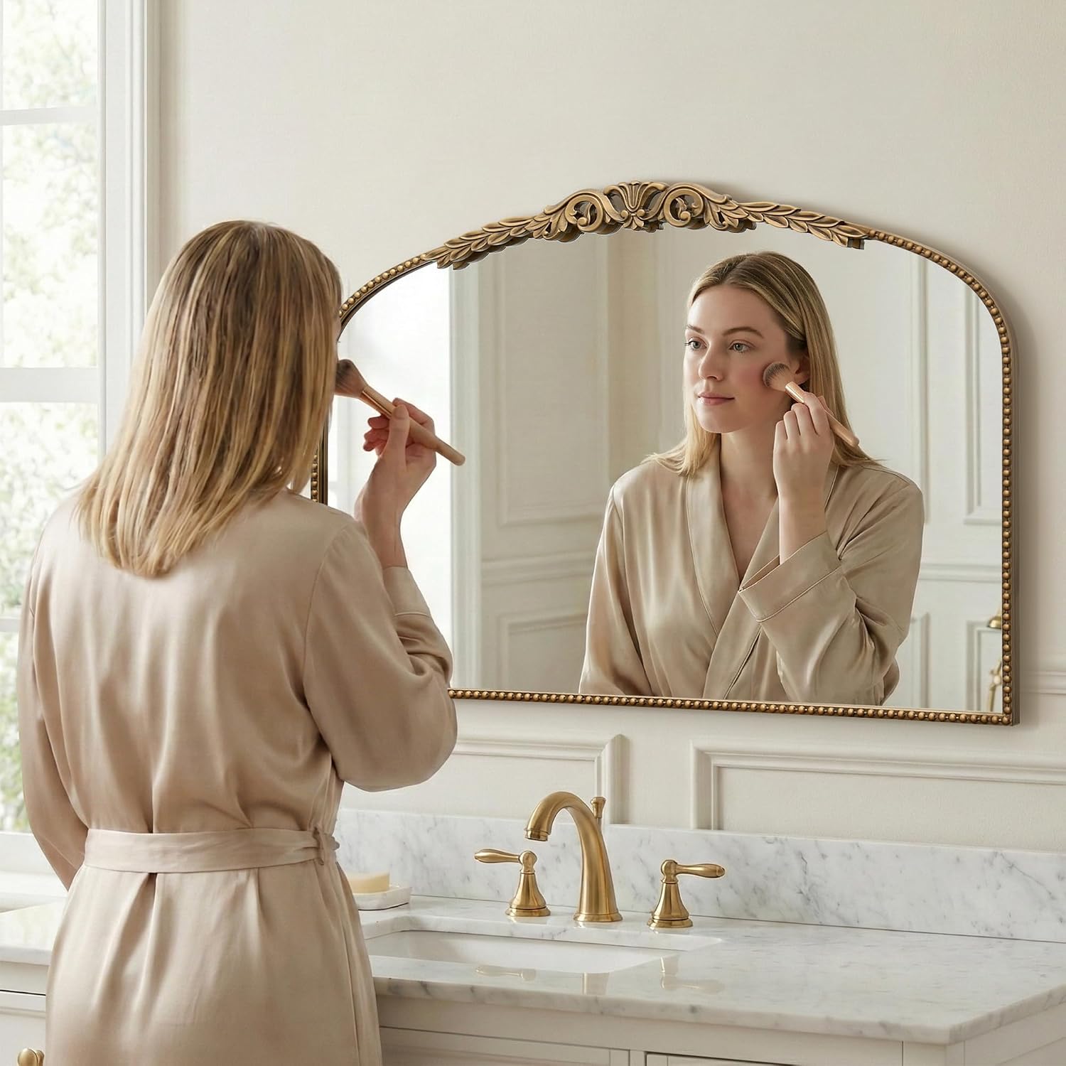 Gold Large Arched Mirror: 40"X29" French Vintage Dresser Mirror | Traditional Ornate Antique For Bedroom/Fireplace/Entryway/Living Room - Ideal For Home Interior Upgrade