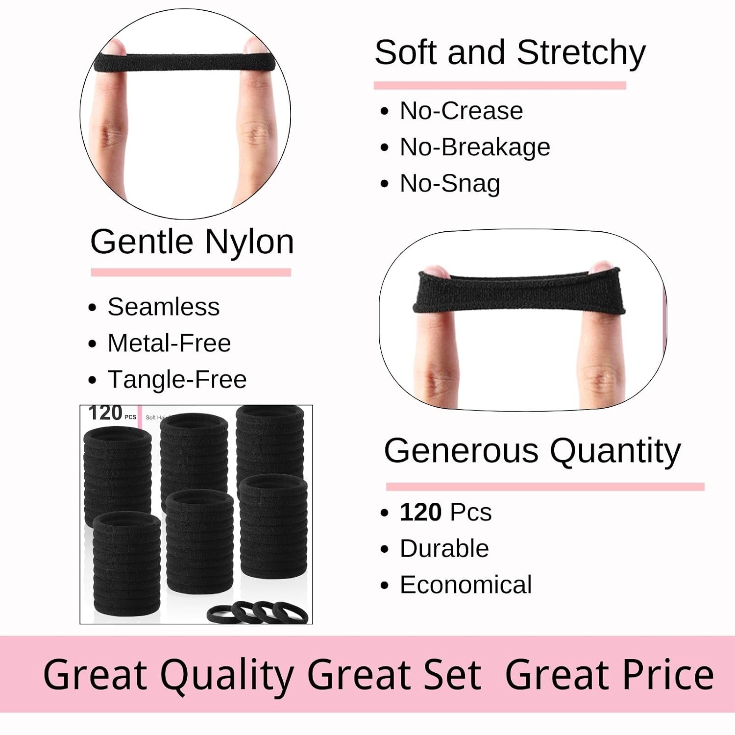 Luseren 120Pcs Black Hair Ties For Thick Hair – Seamless No Damage Elastic Ponytail Holders, Black Hair Band,Bulk Nylon Hair Elastics For Women