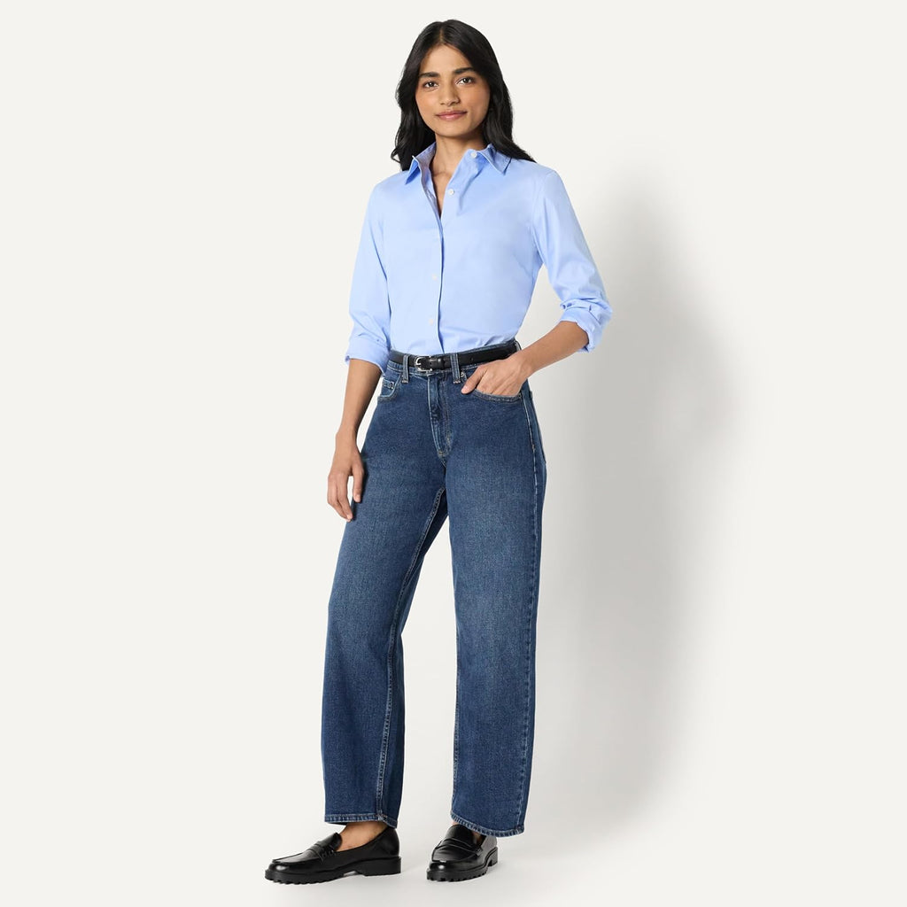 Women's Regular-Fit Stretch Poplin Button-Up Dress Shirt