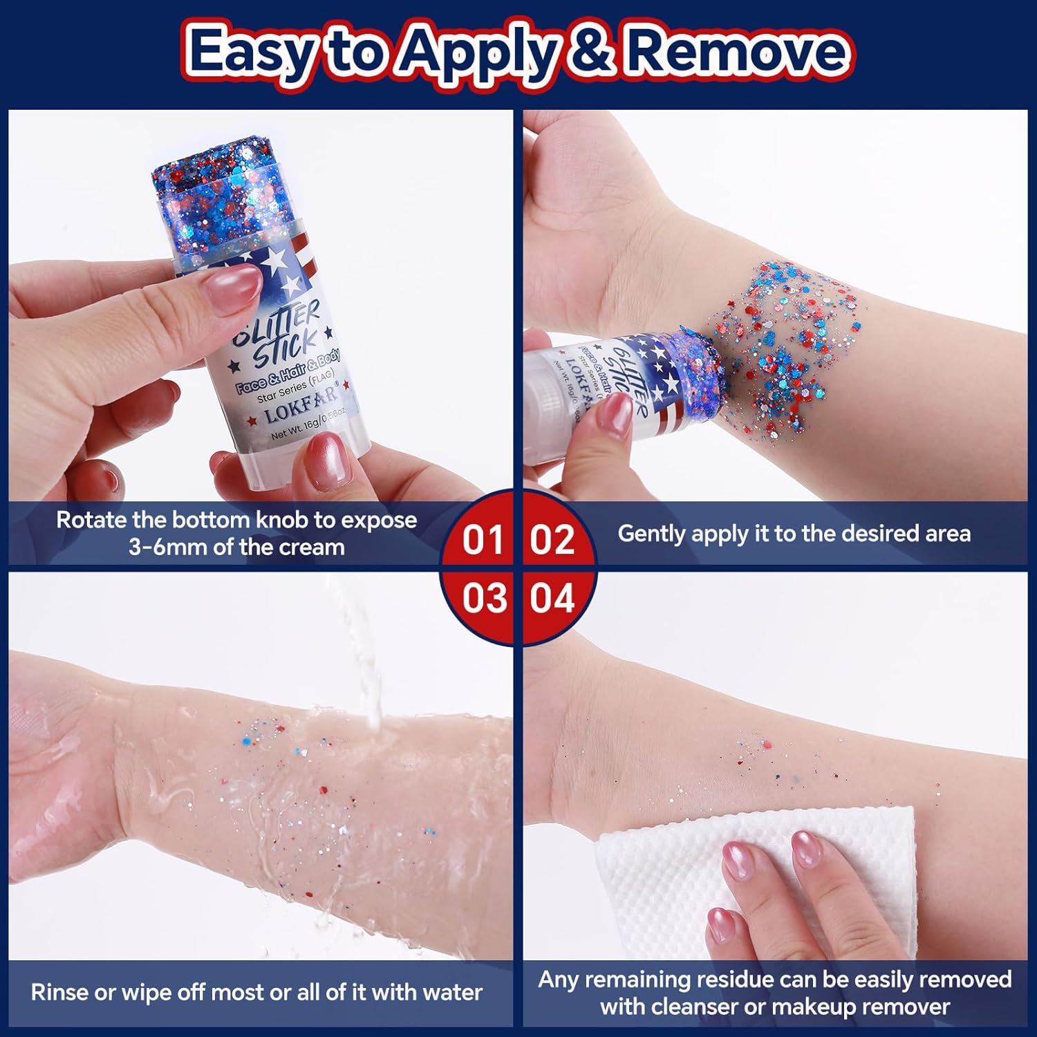 2PCS Red White and Blue Face Body Glitter Stick, 4th of July Accessories for Women, Sparkle Patriotic Pride Chunky 4th of July Hair Glitter Makeup for Independence Day Memorial Day Veterans Day
