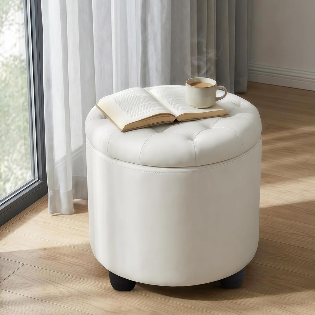 Upholstered Button Tufted Round Ottoman, Pu Storage Ottoman Round, Removable Lid Convenient Footstools, Classic Ottoman With Storage For Nursery Room, Ivorywhite