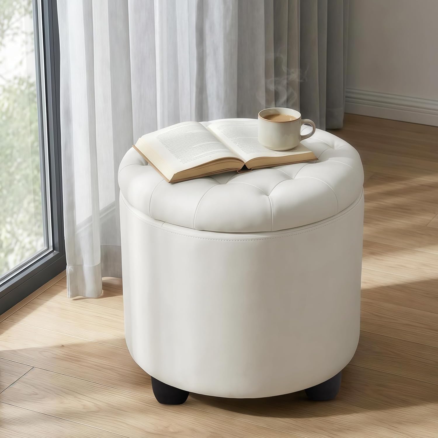 Upholstered Button Tufted Round Ottoman, Pu Storage Ottoman Round, Removable Lid Convenient Footstools, Classic Ottoman With Storage For Nursery Room, Ivorywhite