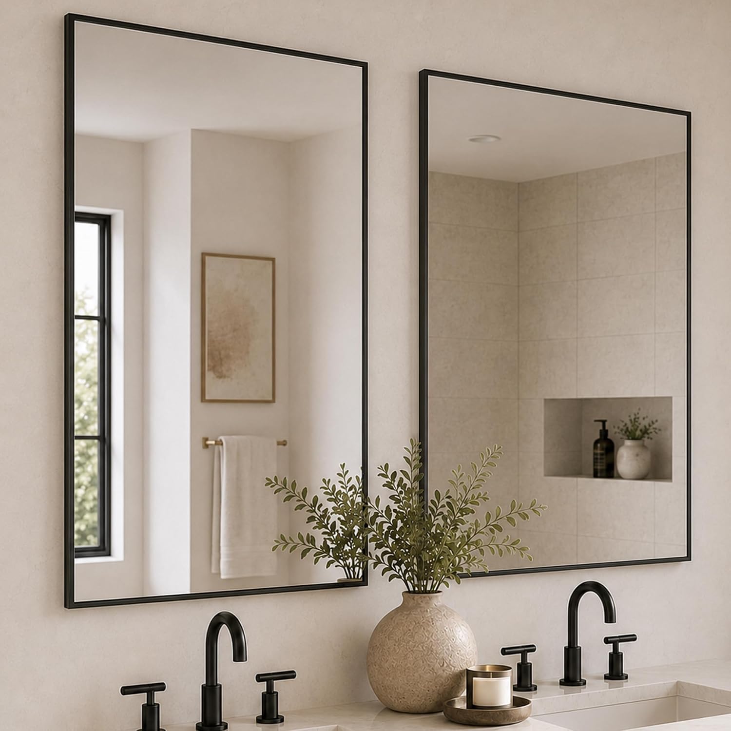 2-Pack 24"X36" Matte Black Framed Bathroom Vanity Wall Mirrors | Taller Vanity Pair, Balanced Twin-Sink Look, Matching Finish Across Rooms, Vertical/Horizontal Hanging, Tempered Glass