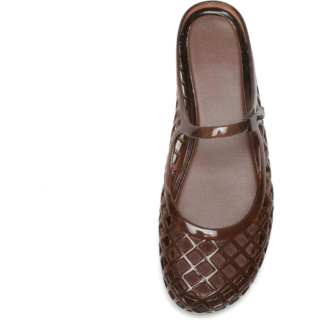 Clear Jelly Slide Sandals For Women Slip On Closed Round Toe Mesh Hollow Flat Mary Jane Mules Beach Jellies Comfortable Buckle Strap Slippers Shoes
