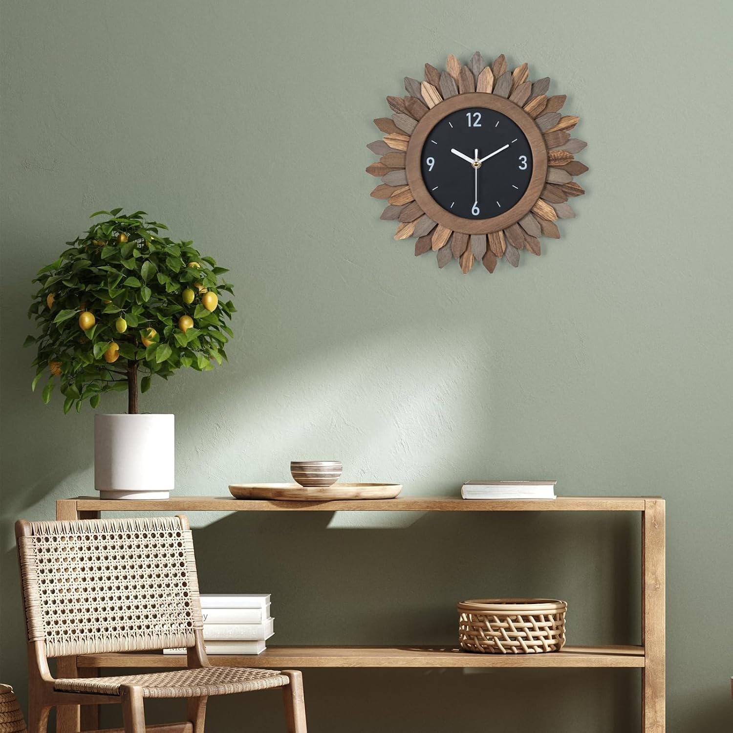 Wall Clock Battery Operated 12 In Rustic Wood Boho Sunburst Decorative Wall Clock Silent Non Ticking Farmhouse Small Wall Clocks For Living Room Kitchen Bathroom Bedroom Decor (Tricolor)