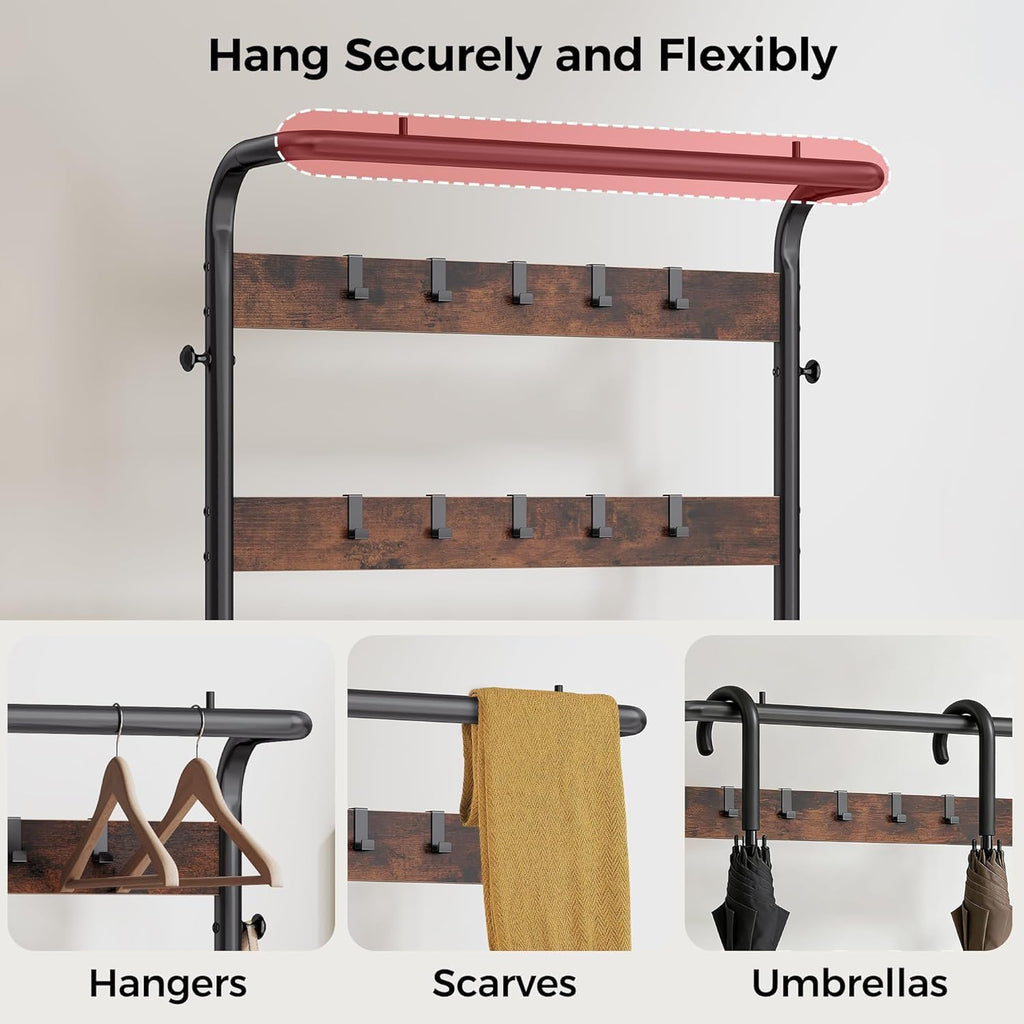 NEWBULIG Hall Tree with Shoe Bench and Coat Rack, 4-in-1 Entryway Organizer with 10 Hooks and Storage Shelf, Rustic Wood Finish Entryway Bench for Mudroom, Living Room, Bedroom, Brown