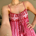 Abyovrt Women Boho Maxi Dress Crochet Patchwork Sleeveless Long Flowy Swing Dress Pink Beach Sundresses