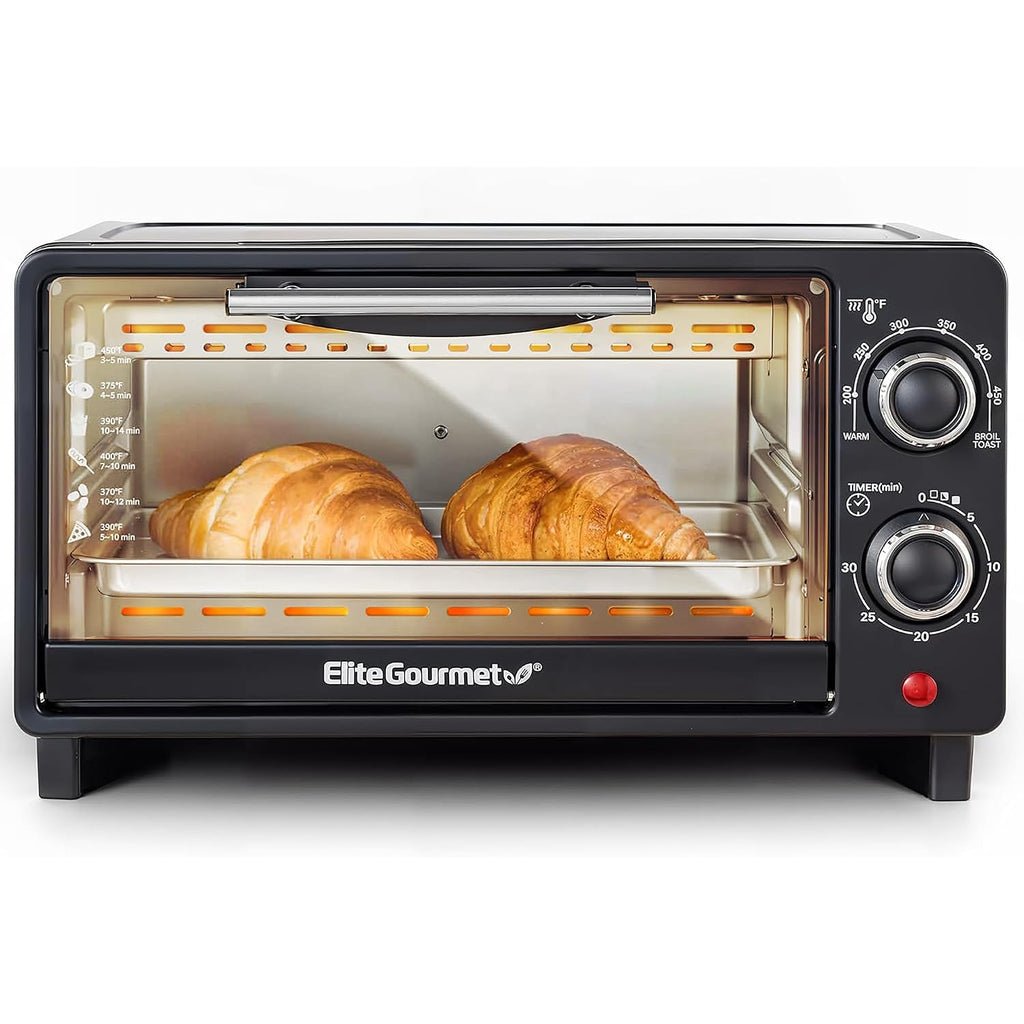 Elite Gourmet Eto490 9L/4 Slice Countertop Toaster Oven With 30-Minute Timer, Adjustable Temperature Control, Includes Baking Pan, Wire Rack And Crumb Tray, Bake, Broil, Toast, Black