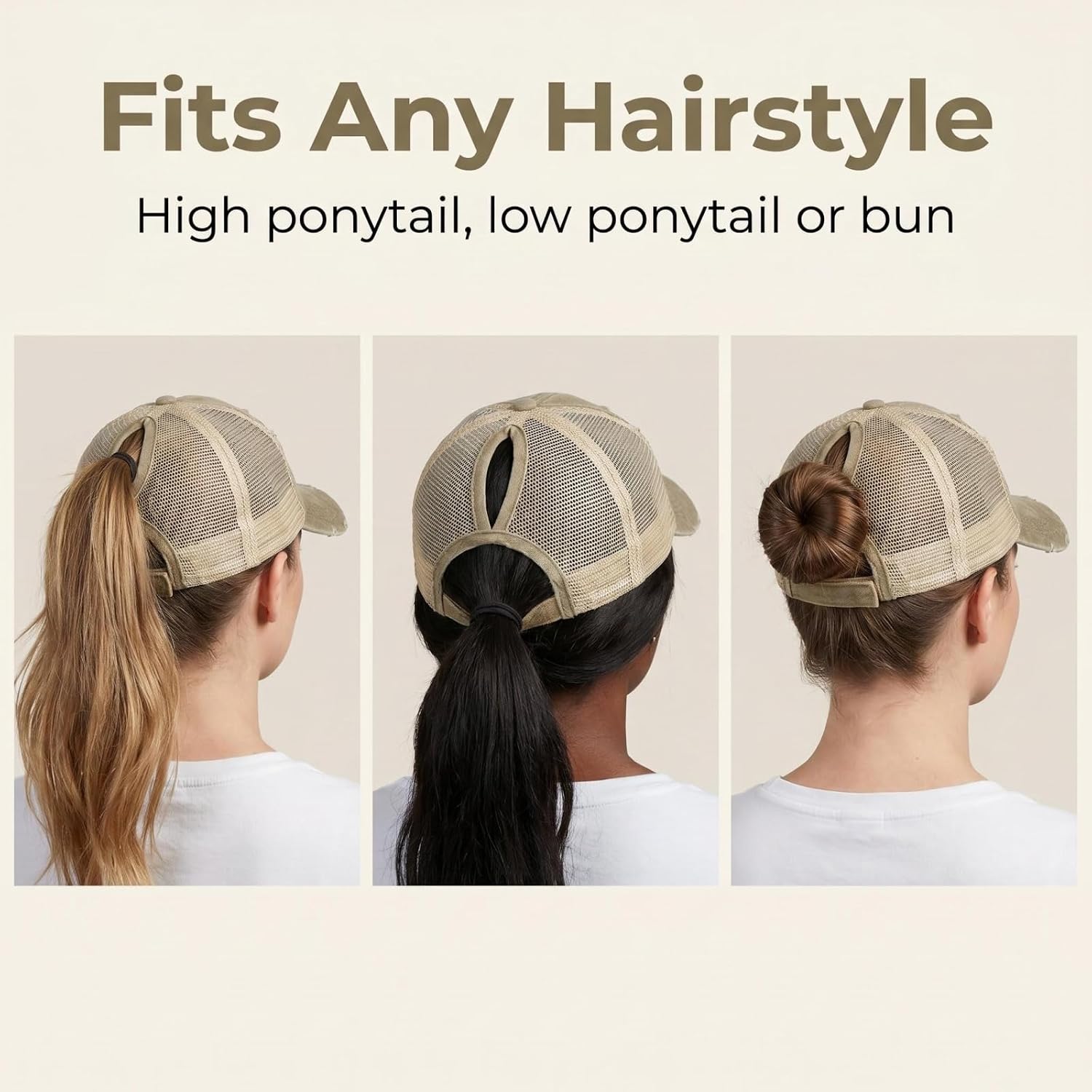 Womens Ponytail High Messy Bun Hats Distressed Baseball Caps Unconstructed Washed Dad Hat Girls Trucker Ponycaps Sun Hat 03-light Khaki