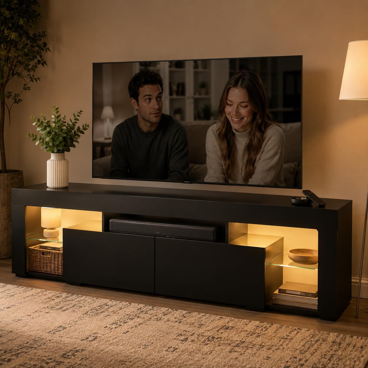 Wlive 63 Inch Tv Stand For 55/65/70 Inch Tvs, Modern Entertainment Center With 20 Led Lights & 2 Large Storage Drawers, Media Console Table, Gaming Television Stands For Living Room, Bedroom, Black