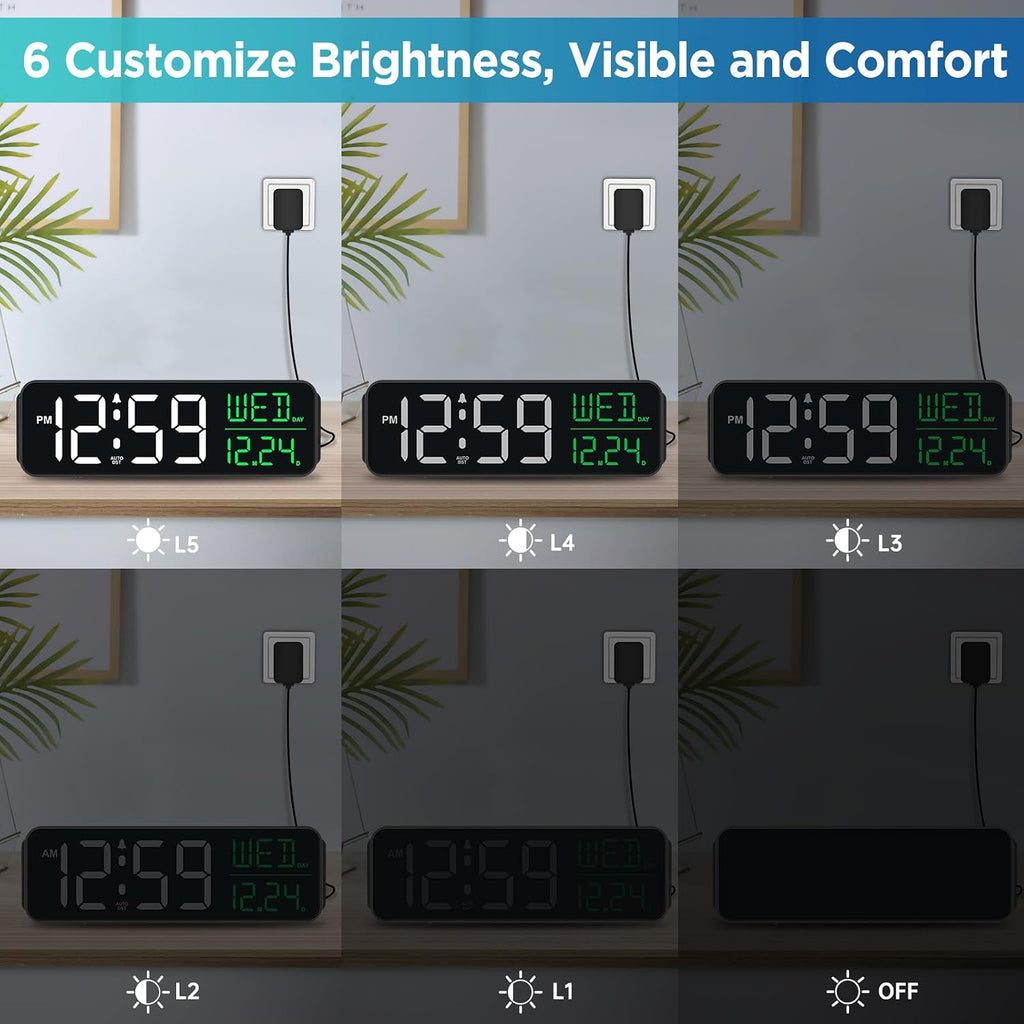 Peakeep Large Display Digital Alarm Clock For Bedroom With Date Day Of Week | Calendar Desk Table Clocks For Living Room Office, Dimmable Plug In Electric Clock Battery Backup, 5 Volumes, Loud, Auto Dst