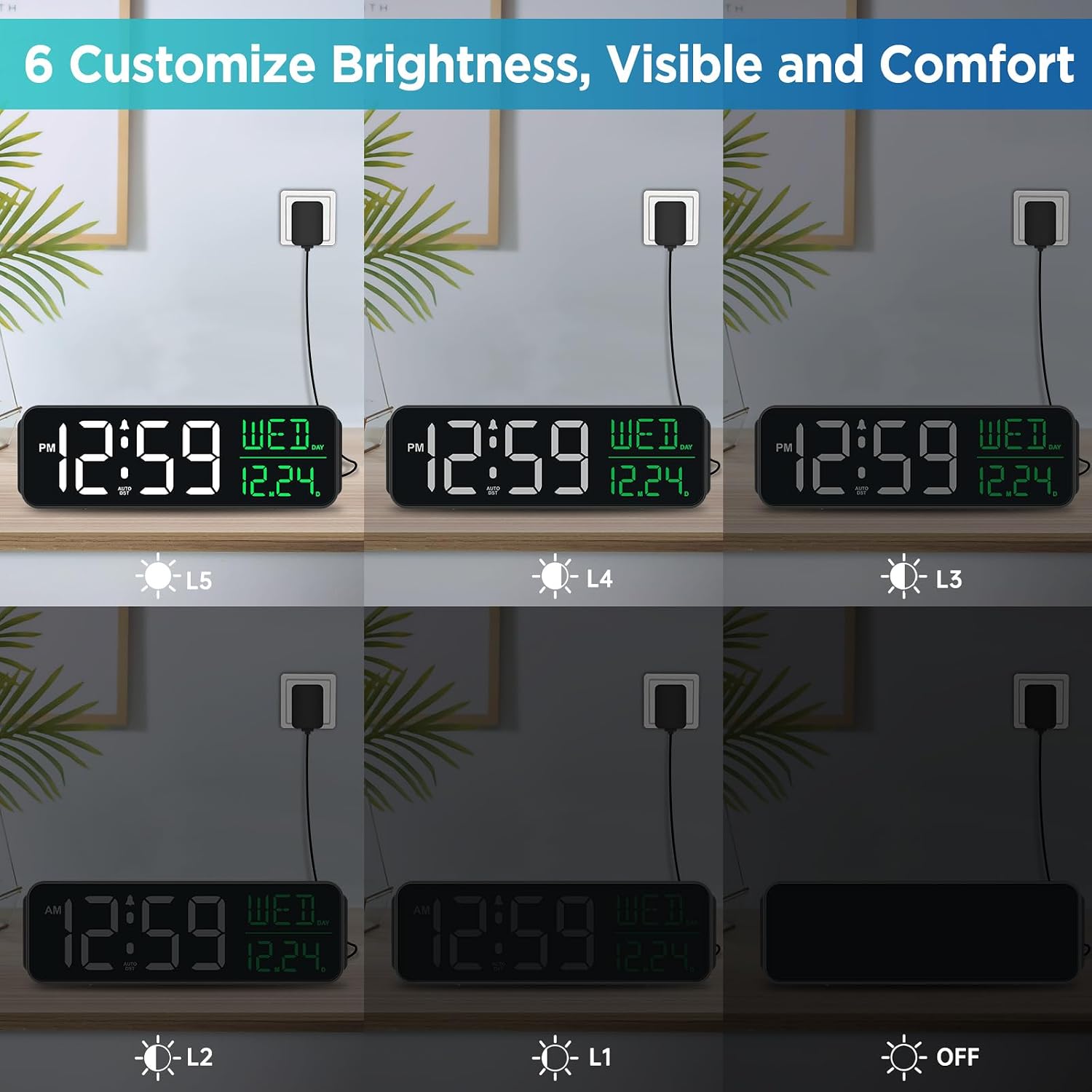 Peakeep Large Display Digital Alarm Clock For Bedroom With Date Day Of Week | Calendar Desk Table Clocks For Living Room Office, Dimmable Plug In Electric Clock Battery Backup, 5 Volumes, Loud, Auto Dst