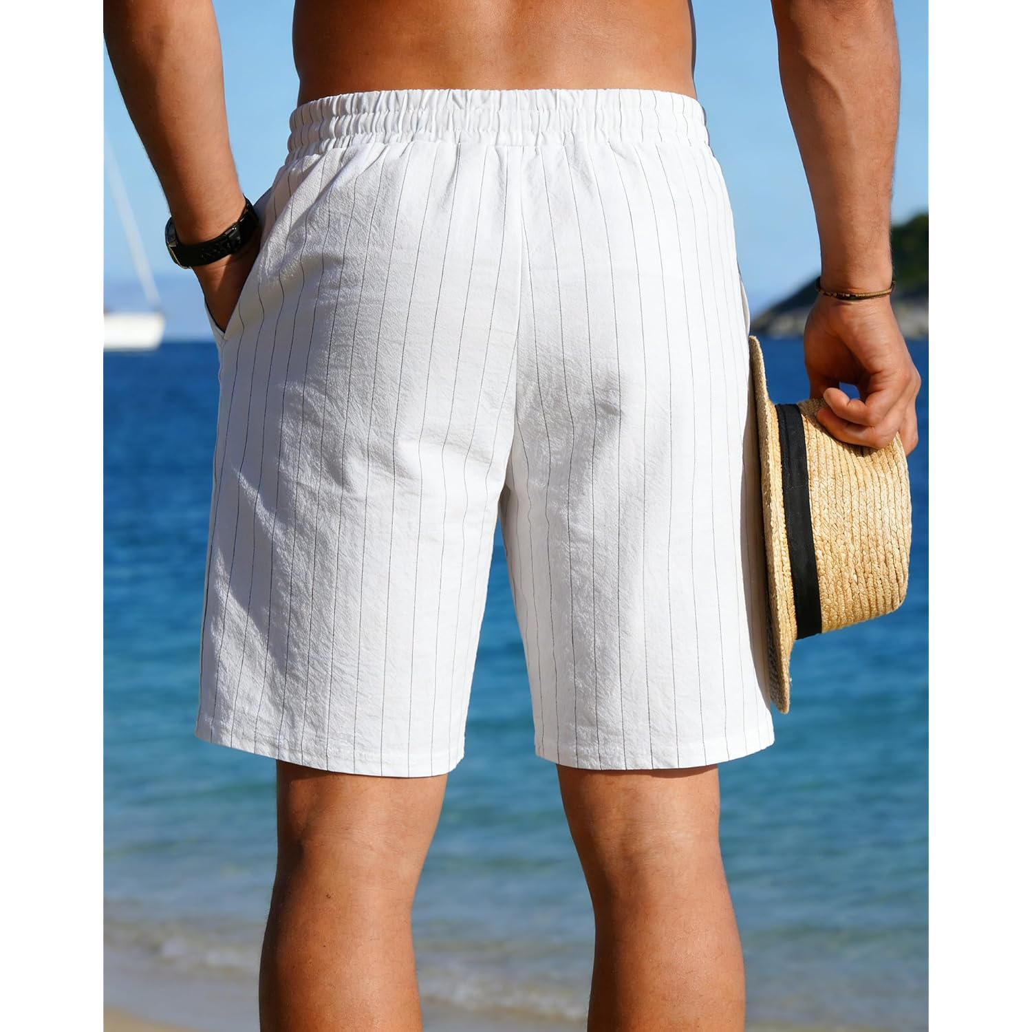 Mens Linen Shorts Casual Drawstring Elastic Waist Lightweight Breathable 7 Inch Inseam Summer Beach Shorts