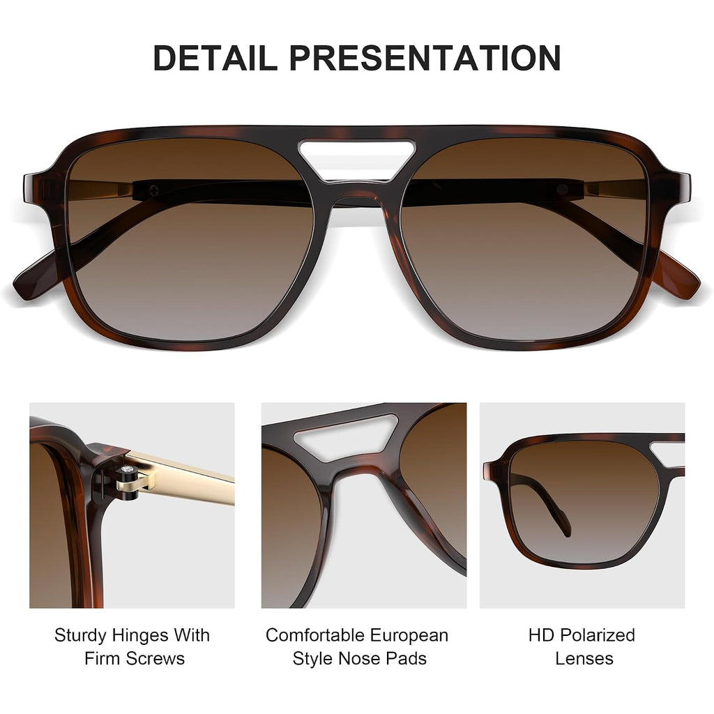 Retro Aviator Sunglasses for Women Men:Polarized Trendy Rectangle Womens Mens Shades Sun Glasses Leopard Brown+black Gray Fade