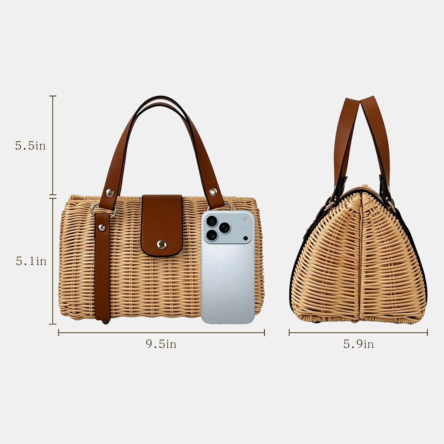 Rattan Purse For Women, Structured Straw Tote Bag, Woven Wicker Satchel Handbag With Reinforced Handles, Summer Beach Travel Bag For Daily Use