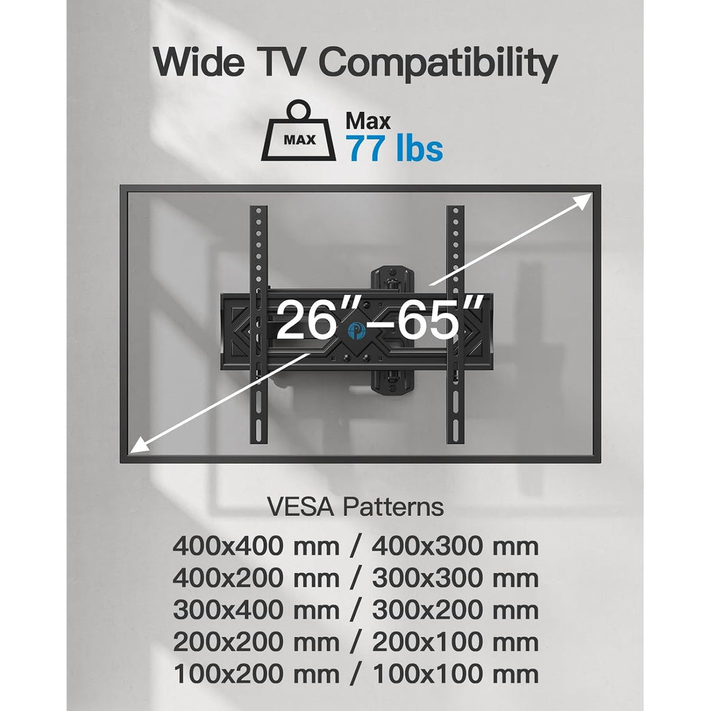 Pipishell Full Motion Tv Wall Mount For 26-65 Inch Flat Curved Tvs, Heavy Duty Single Articulating Arms, Corner Tv Mount Up To Vesa 400X400Mm And 77Lbs, Support Swivel, Tilt, Level Adjustment