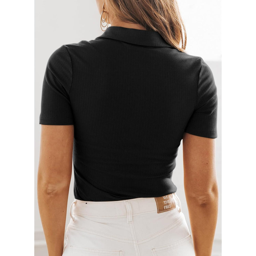 Womens Short Sleeve Business Casual Tops V Neck Fitted Collared Shirts Work Blouses