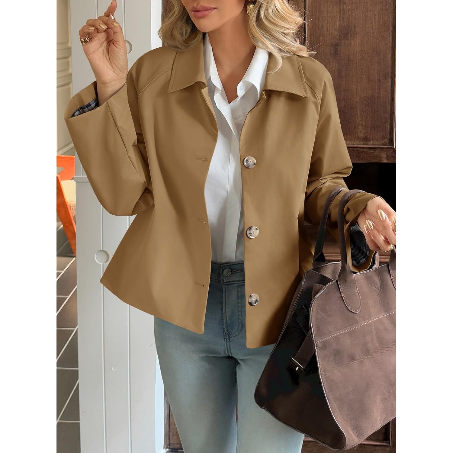 Tankaneo Womens Cropped Trench Coat Lightweight Single Breasted Jacket Fall Windbreaker Fashion Outerwear