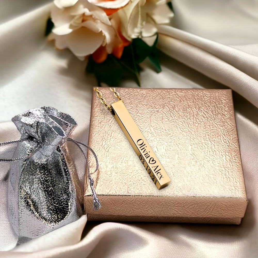 Elosh Customized Elegance 3D Vertical Bar Necklace with Engraved Name Pendant Personalized with your text Custom made