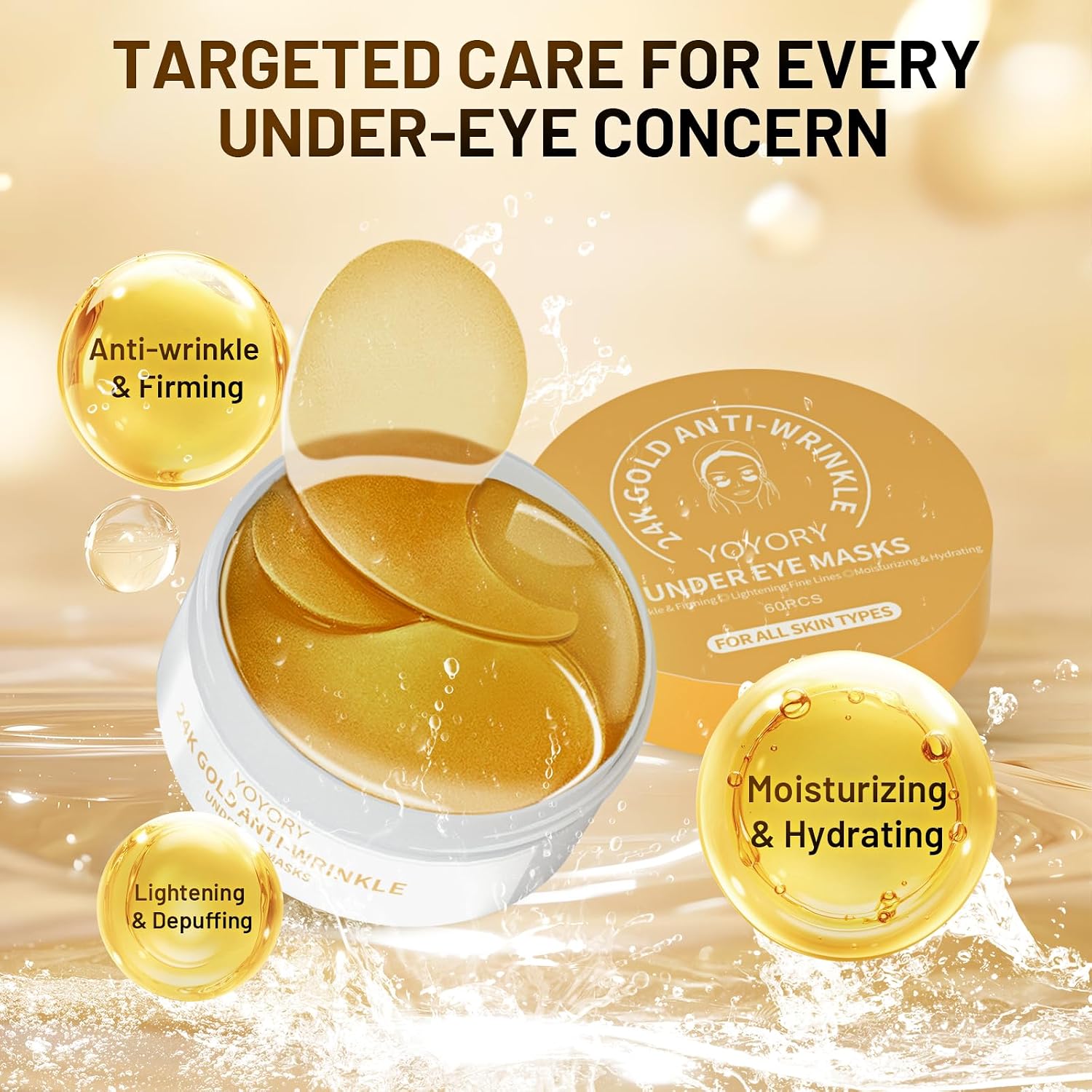 Under Eye Patches Masks - For Dark Circles, Puffy Eyes, Fine Lines, Wrinkles, Eye Bags Treatment With Collagen And Hyaluronic Acid,Firming & Cooling, Moisturizing And Hydrating (60 Pcs) Gold4