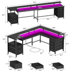 Furologee 66" Reversible L Shaped Gaming Desk With 6 Drawers & Printer Storage Shelves, Corner Computer Desk With Power Outlets & Led Lights, Home Office Table With Monitor Stand, Black