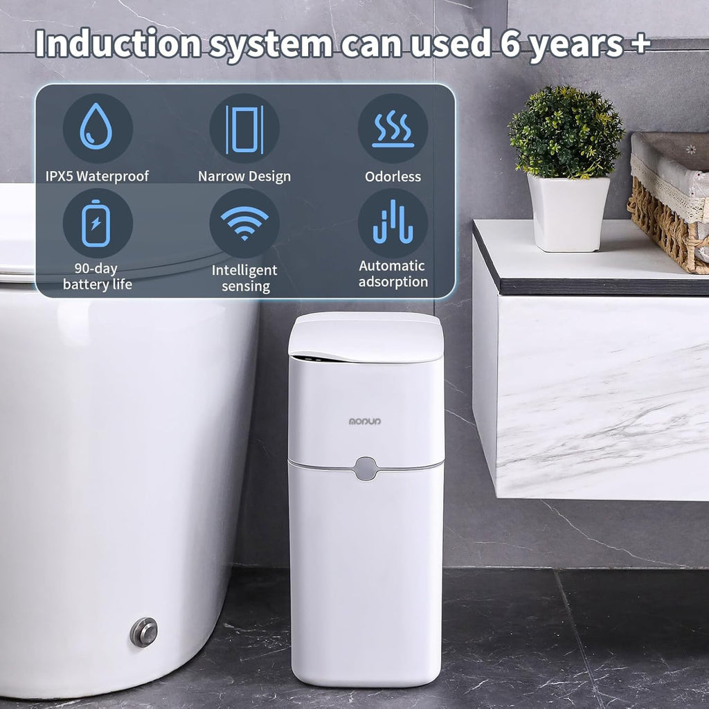 Bathroom Trash Can, Automatic Bagging Garbage Can, 3.5 Gallon Slim Smart Small Plastic Trash Bin, Narrow Motion Sensor Trash Can For Bedroom, Office White