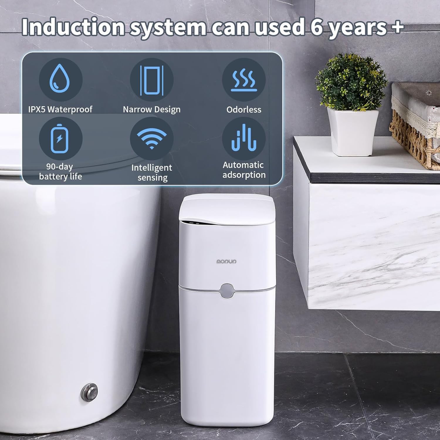 Bathroom Trash Can, Automatic Bagging Garbage Can, 3.5 Gallon Slim Smart Small Plastic Trash Bin, Narrow Motion Sensor Trash Can For Bedroom, Office White