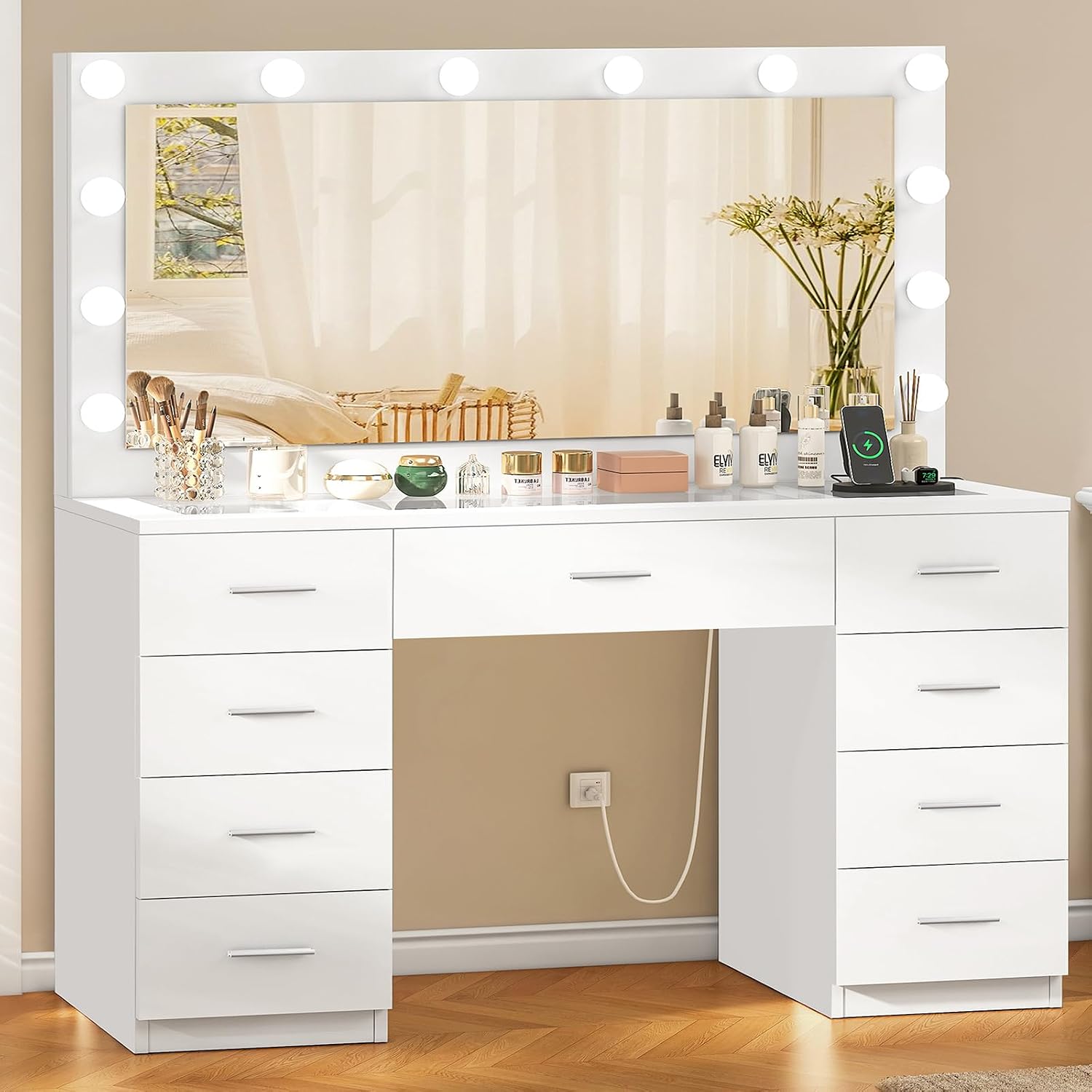 Fioneso 46" Vanity Desk With Glass Top & Lights Mirror, 3 Adjustable Lighting Color, Makeup Vanity With 9 Drawers And 12 Led Lights, Dressing Table For Bedroom, Vanity For Girls, White