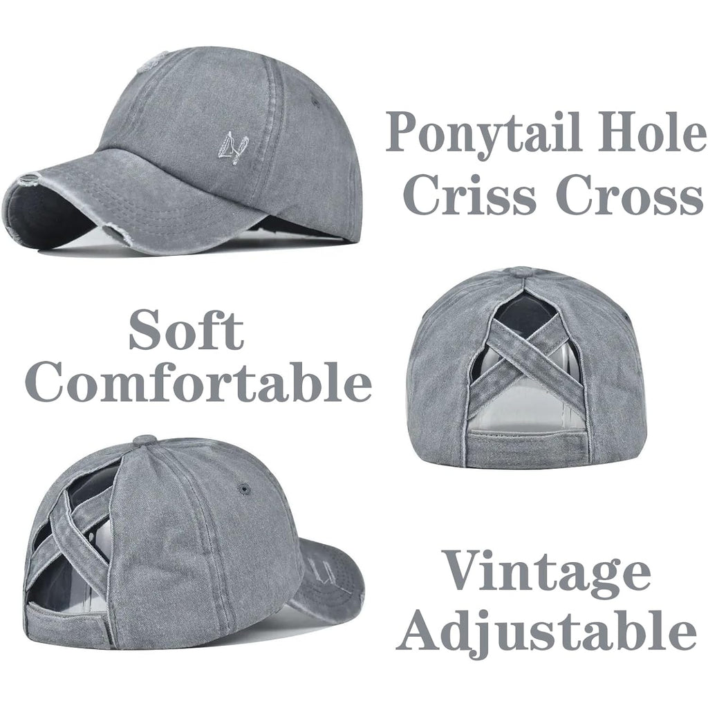 2 Packs Distressed Ponytail Hat For Women Criss Cross Hat Baseball Cap Pony Tail Caps High Bun