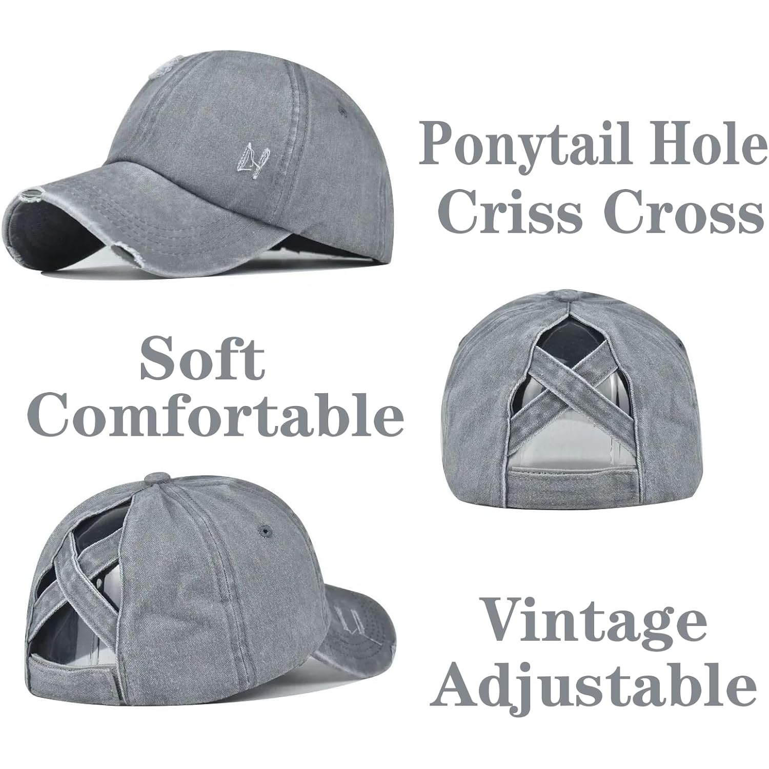 2 Packs Distressed Ponytail Hat For Women Criss Cross Hat Baseball Cap Pony Tail Caps High Bun