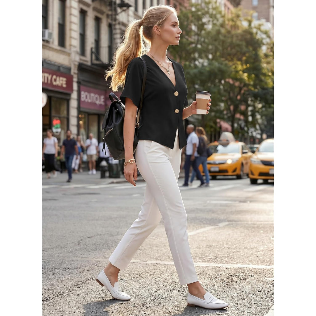 Blouses for Women Dressy Casual Summer Button Down Shirts Short Sleeve Business Work Tops