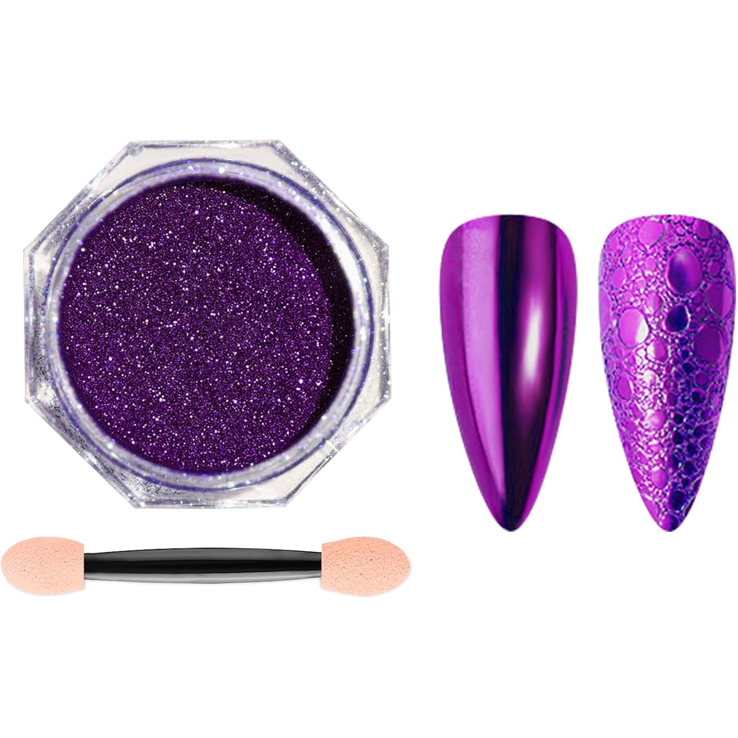 Holographic Purple Chrome Nail Powder Violet Metallic Mirror Effect Glazed Nail Glitter Powder Reflective Aurora Pigment Dust for Gel Polish Nails Art Decoration with Tool