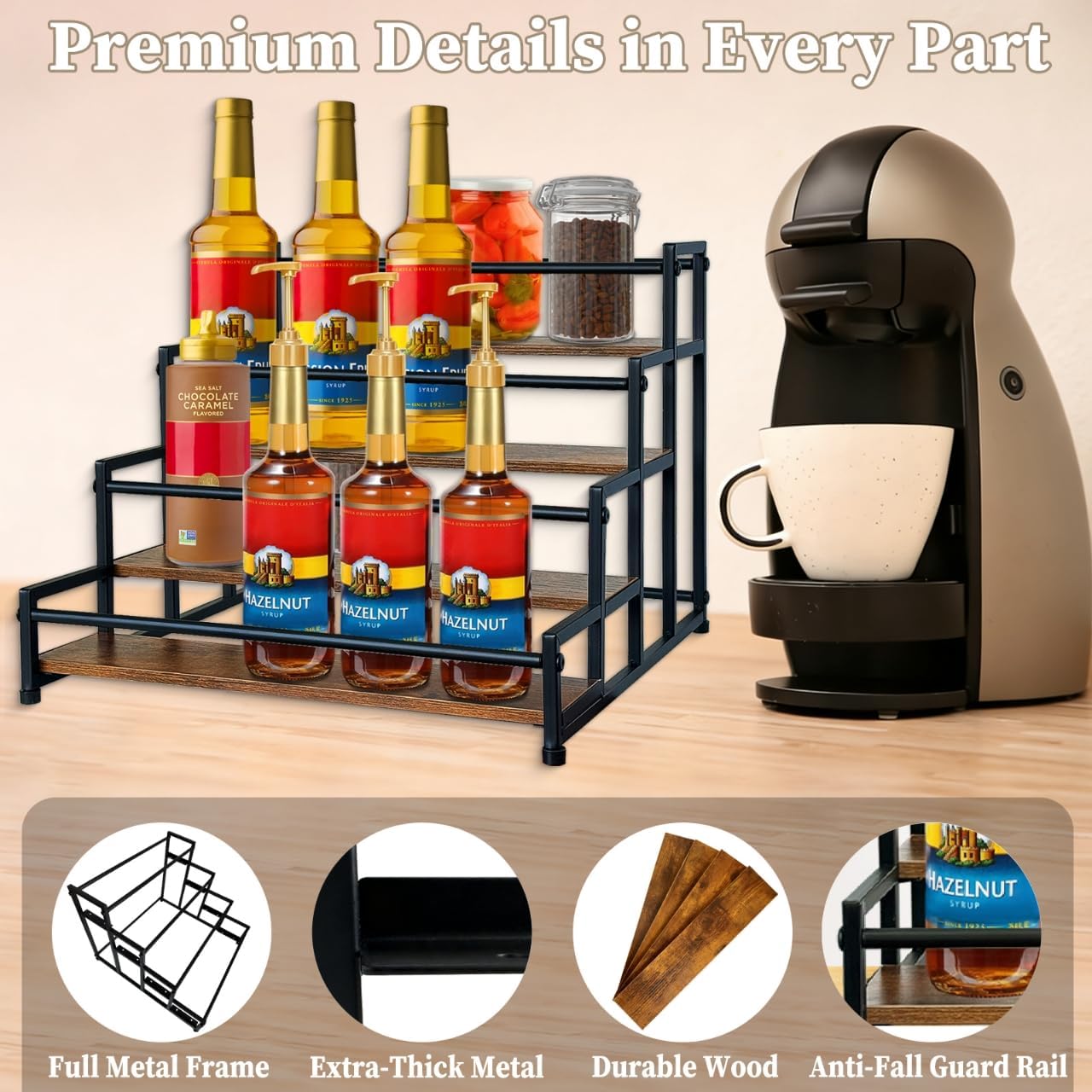 4-Tier Coffee Syrup Organizer 20 Bottles Syrup Rack For Coffee Bar Organizer, Coffee Syrup Stand Holder