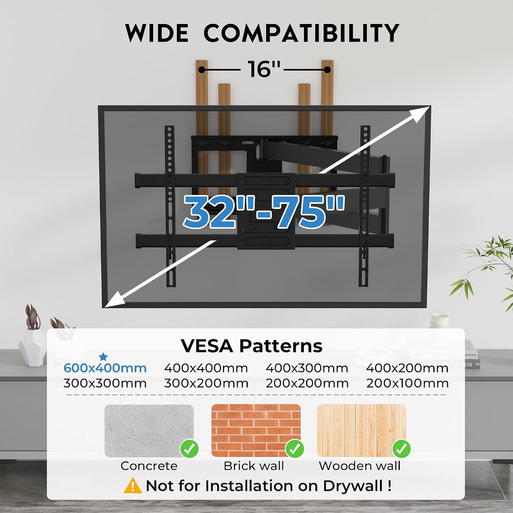 Bontec Corner Tv Wall Mount With Extra Long 40.9” Extension Arm For 32–75 Inch Tvs, Holds Up To 132 Lbs, Full Motion Dual Arm Tv Bracket With Tilt, Swivel, Level Adjustment, Max Vesa 600×400Mm