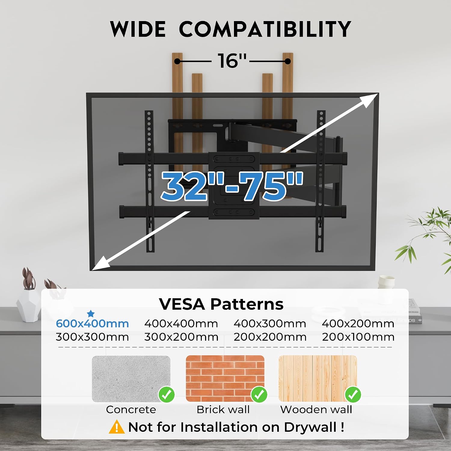 Bontec Corner Tv Wall Mount With Extra Long 40.9” Extension Arm For 32–75 Inch Tvs, Holds Up To 132 Lbs, Full Motion Dual Arm Tv Bracket With Tilt, Swivel, Level Adjustment, Max Vesa 600×400Mm