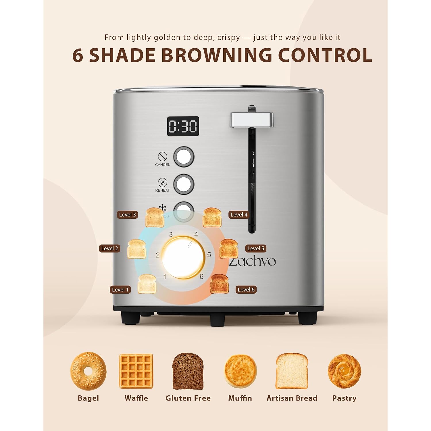 2 Slice Toaster With Wide Slots For Bread & Bagels, Stainless Steel Toaster With Digital Countdown, 6 Shade Settings, Defrost, Reheat & Cancel, Compact Design For Kitchen