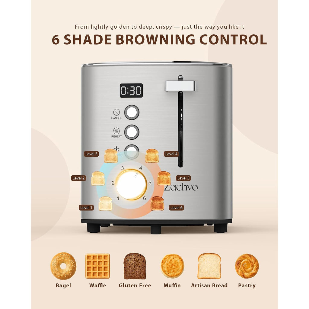 2 Slice Toaster With Wide Slots For Bread & Bagels, Stainless Steel Toaster With Digital Countdown, 6 Shade Settings, Defrost, Reheat & Cancel, Compact Design For Kitchen