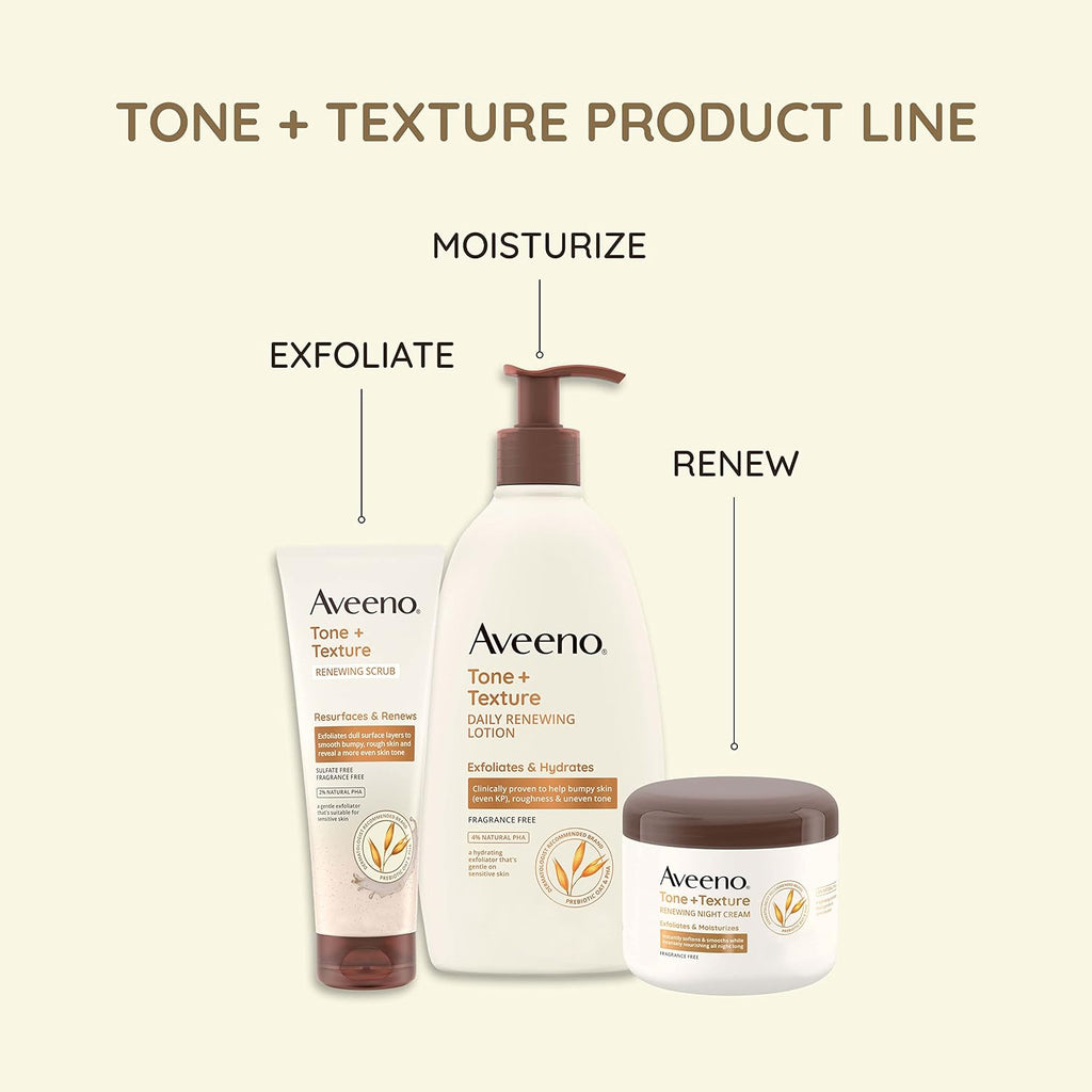 Aveeno Tone + Texture Renewing Body Night Cream With Prebiotic Oat, Gently Exfoliates & Moisturizes Sensitive Skin, Instantly Softens & Smooths & Intensely Nourishes, Fragrance-Free, 8 Oz