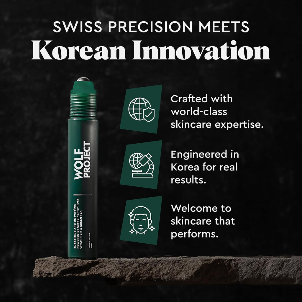 Wolf Project Under Eye Roller - Korean Beauty, With Caffeine, Vitamin C And Peptides - Energizing Serum For Dark Circles And Puffiness, Fine Lines, Wrinkles - Gel-Based Brightening Cream