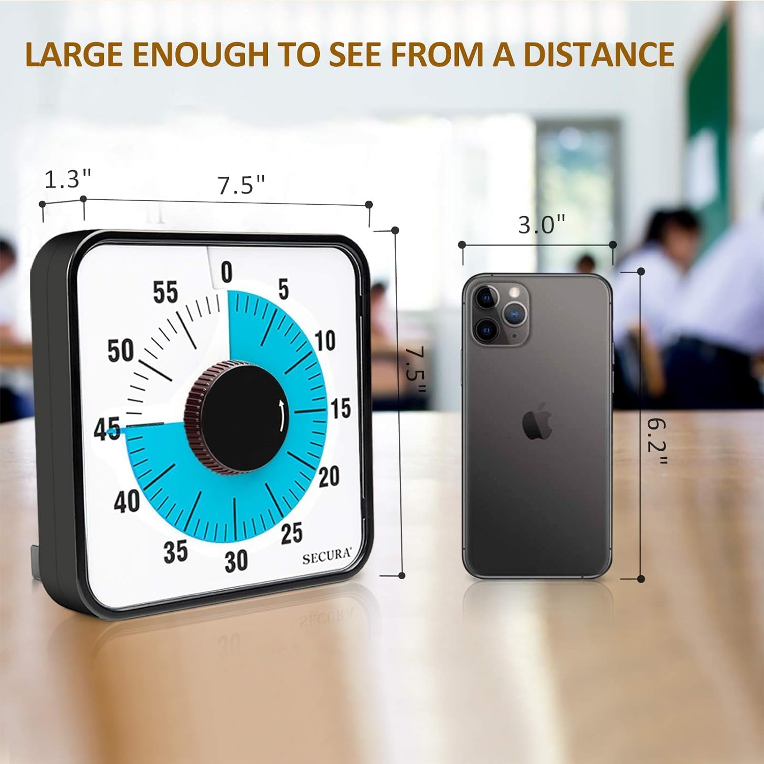 Secura 60-Minute Visual Countdown Timer, 7.5-Inch Oversize Classroom Visual Timer For Kids And Adults, Durable Mechanical Kitchen Timer Clock With Magnetic Backing (Blue)