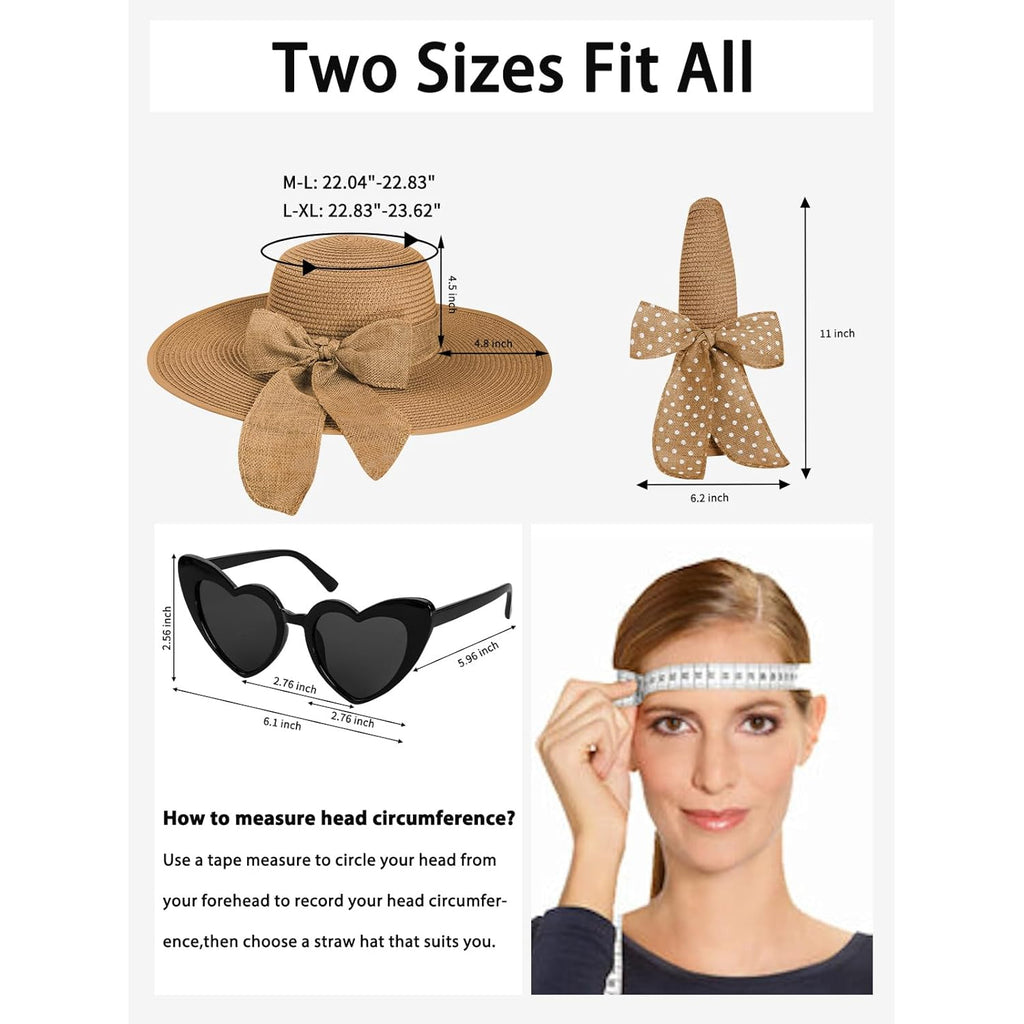 Senker Fashion Sun Hats for Women, Wide Brim Floppy Beach Straw Hat for Summer Travel Vacation Foldable with Sunglasses