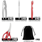 Crab Crackers and Tools, 27-piece Seafood Tools Set, Includes 8 Crab Leg Crackers, 8 Lobster Shellers, 8 Crab Leg Forks/Picks, 2 Seafood Scissors & Storage Bag, Nut Cracker Set