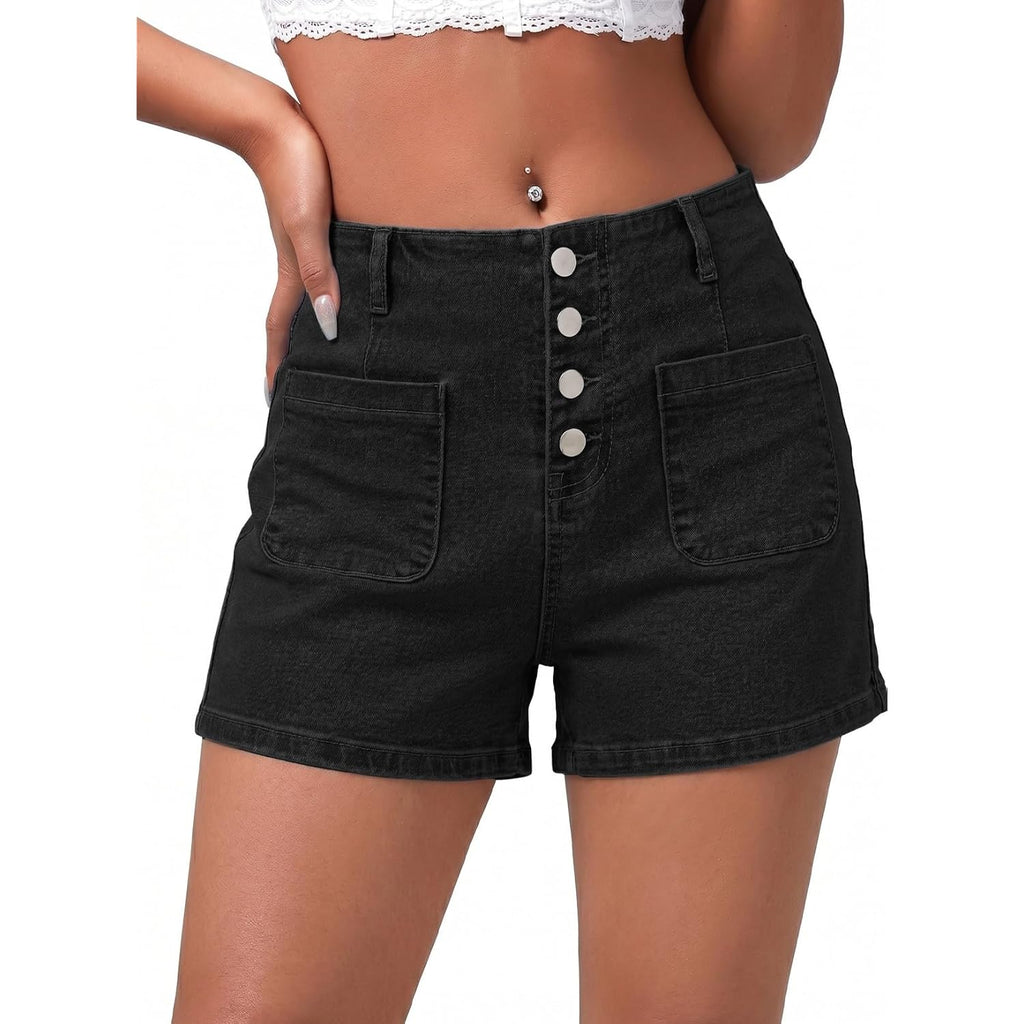 Women's Jean Shorts Button Fly Stretchy High Waisted Summer Outfit Denim Shorts