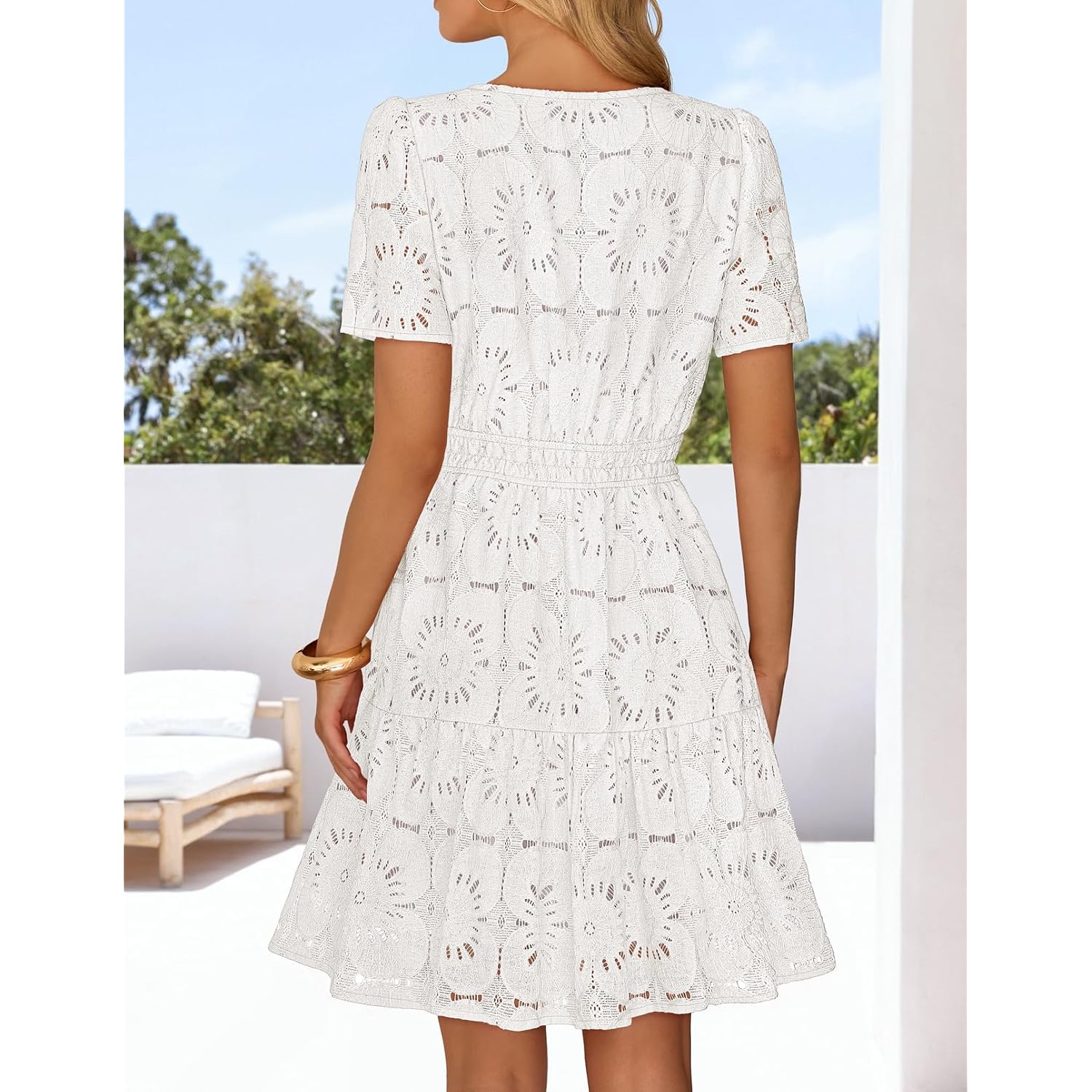 Merokeety Women'S Summer Lace Boho Mini Dress 2026 Short Sleeve Floral Eyelet A Line Vacation Beach Short Sundress