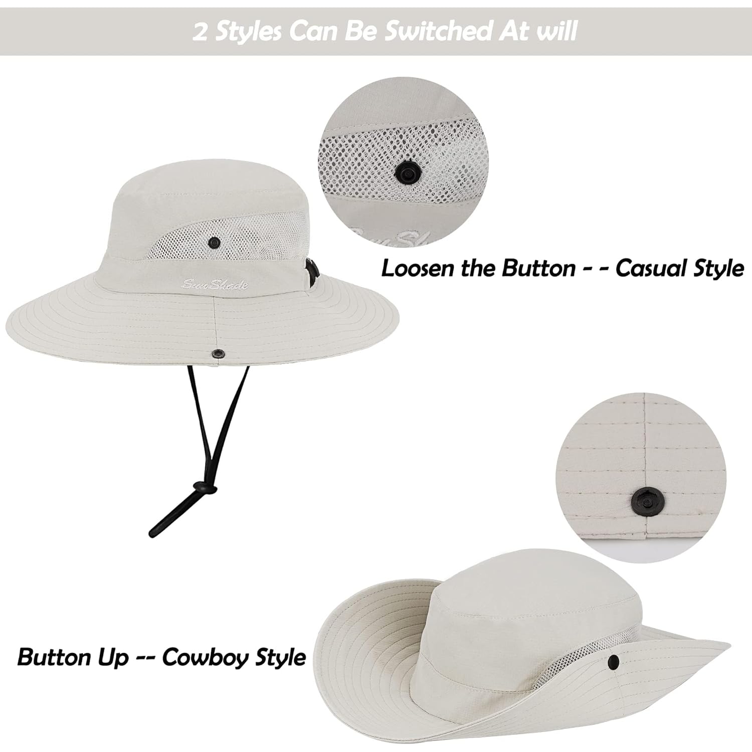Women's Outdoor UV-Protection-Foldable Sun-Hats Mesh Wide-Brim Beach Fishing Hat with Ponytail-Hole