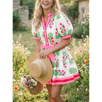 Wenrine Womens Summer Floral Mini Dress Puff Short Sleeve V Neck Button Down Casual Loose Boho Beach Dresses With Belt